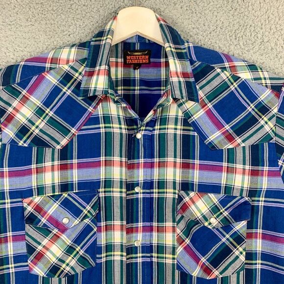 Western Fashions Shirt Mens Medium Blue Green Plaid Cowboy Pearl Snap Farm Ranch - Picture 2 of 12